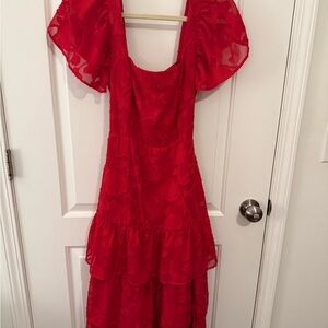 Lulu's Vibrant Red Floral Ruffle Dress